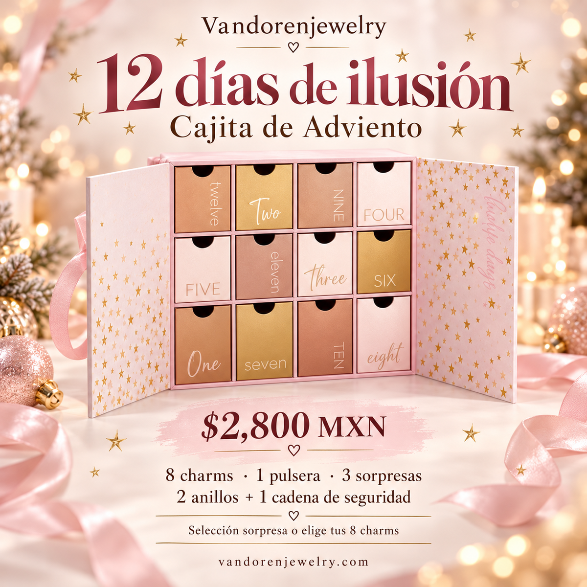 Cajita de Adviento Vandorenjewelry: 8 charms, 1 pulsera, 2 anillos y 1 cadena de seguridad, $2,800 MXN.