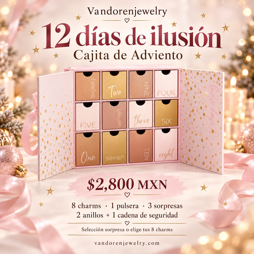 Cajita de Adviento Vandorenjewelry: 8 charms, 1 pulsera, 2 anillos y 1 cadena de seguridad, $2,800 MXN.