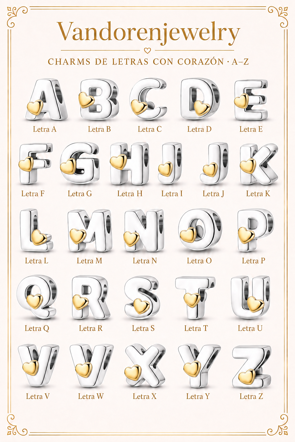 Charms de letras con corazón dorado A a Z