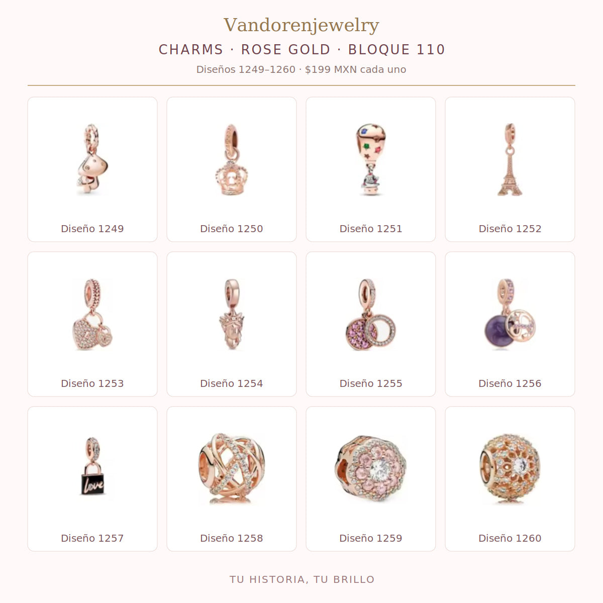 Charms Rose Gold diseños 1249 a 1260