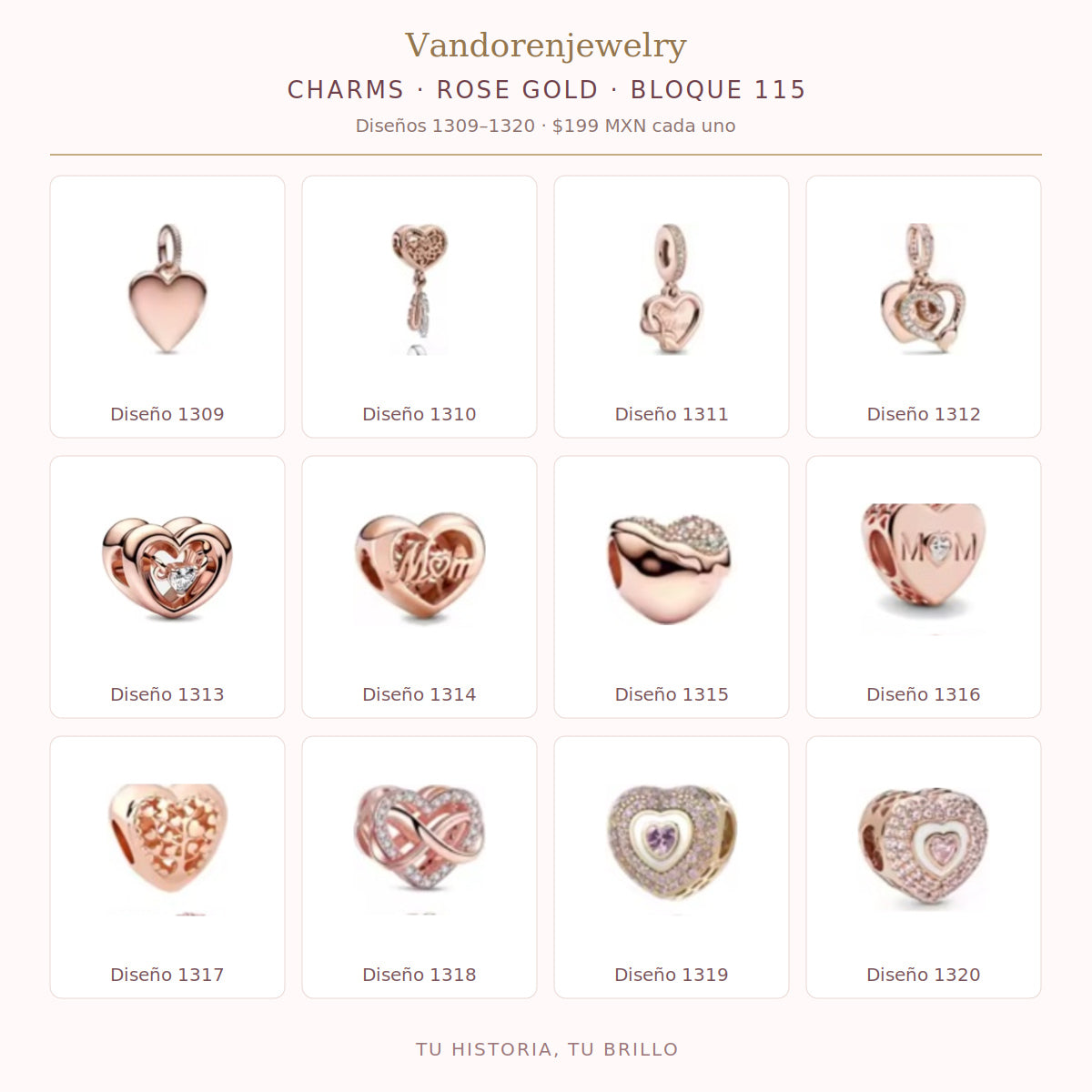 Charms Rose Gold diseños 1309 a 1320